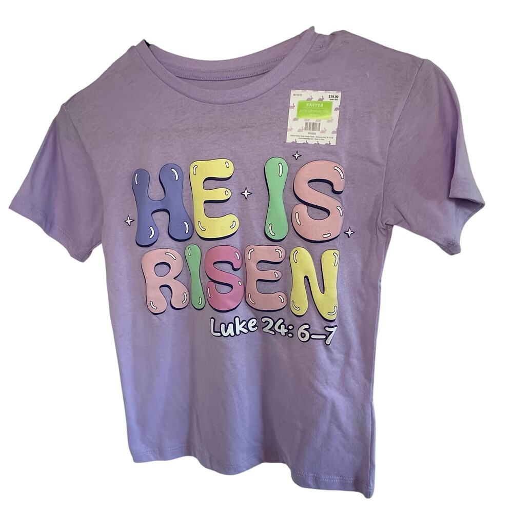 New freeze kids purple “he is risen” easter tshirt size small